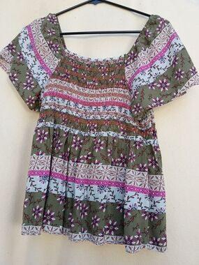 Boho Smocked Peasant Top in Olive & Pink Floral
